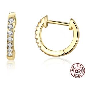 925 Sterling‎ Silver Gold Plated Small CZ Hoop Earrings Minimalist Style 10 mm